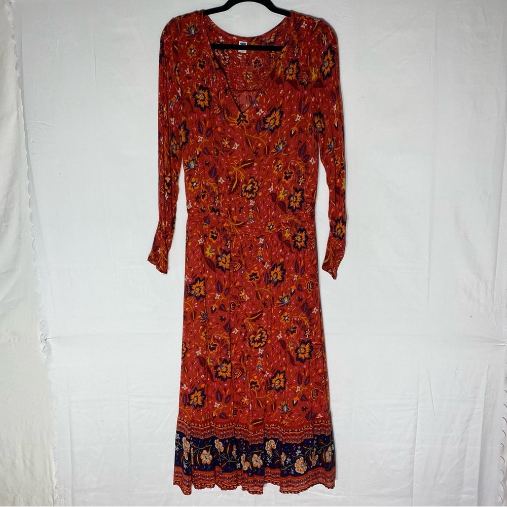Old Navy Red Orange Floral Long Sleeve Boho Maxi Dress M